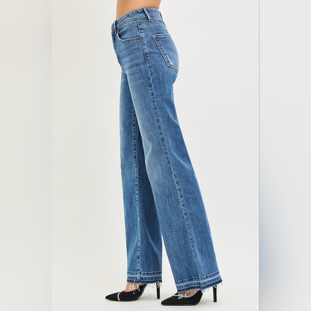 RISEN HR Tummy Control Medium Wash Wide Leg Jeans Released Hem Various NEW - Picture 8 of 12